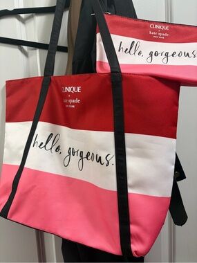 Clinique x Kate Spade Pink & Red Striped Tote & matching pouch “Hello, Gorgeous"